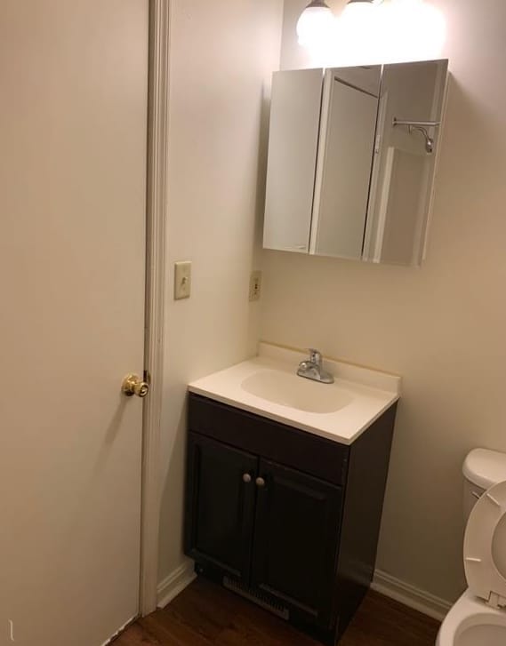 A Thurmont Village bathroom with a vanity, a mirrored medicine cabinet, and an overhead light fixture